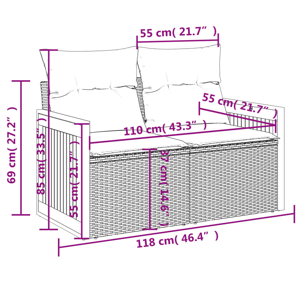Gartensofa mit Kissen 2-Sitzer Grau Poly Rattan