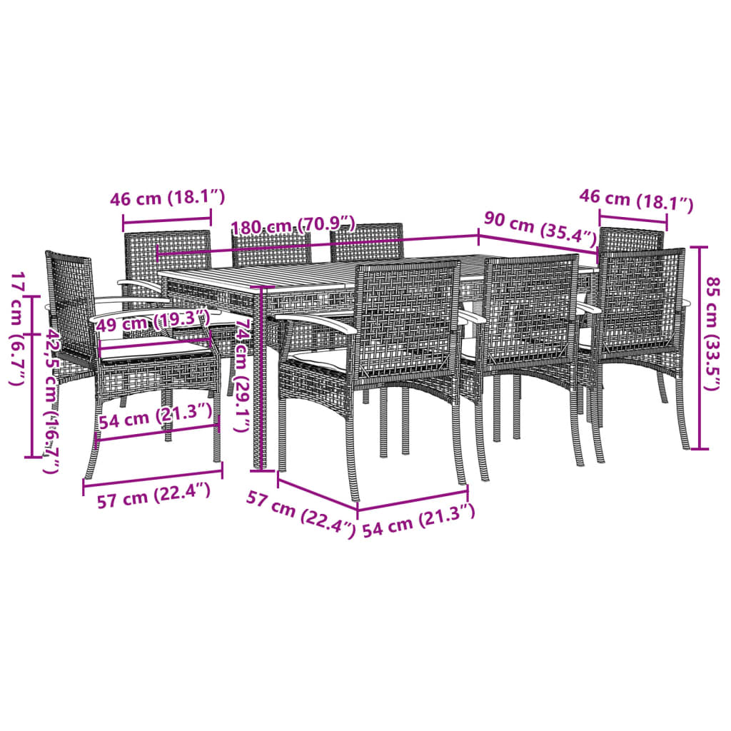 9-tlg. Garten-Essgruppe mit Kissen Grau Poly Rattan