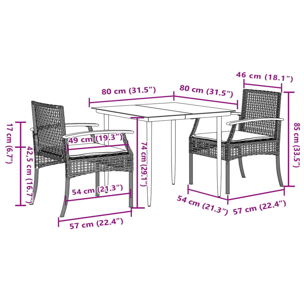 3-tlg. Garten-Essgruppe mit Kissen Schwarz Poly Rattan