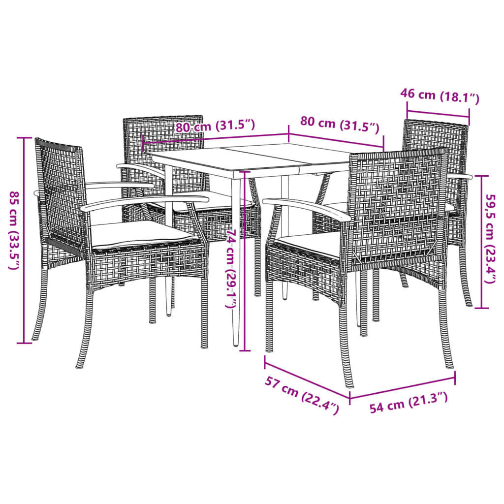 5-tlg. Garten-Essgruppe mit Kissen Schwarz Poly Rattan