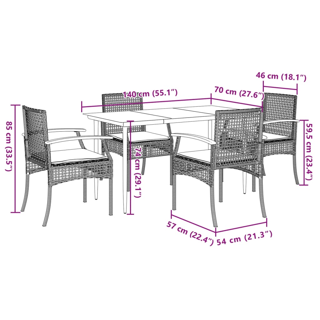 5-tlg. Garten-Essgruppe mit Kissen Schwarz Poly Rattan