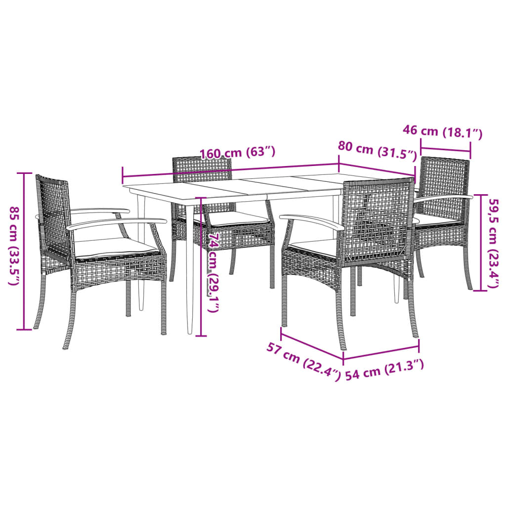 5-tlg. Garten-Essgruppe mit Kissen Schwarz Poly Rattan