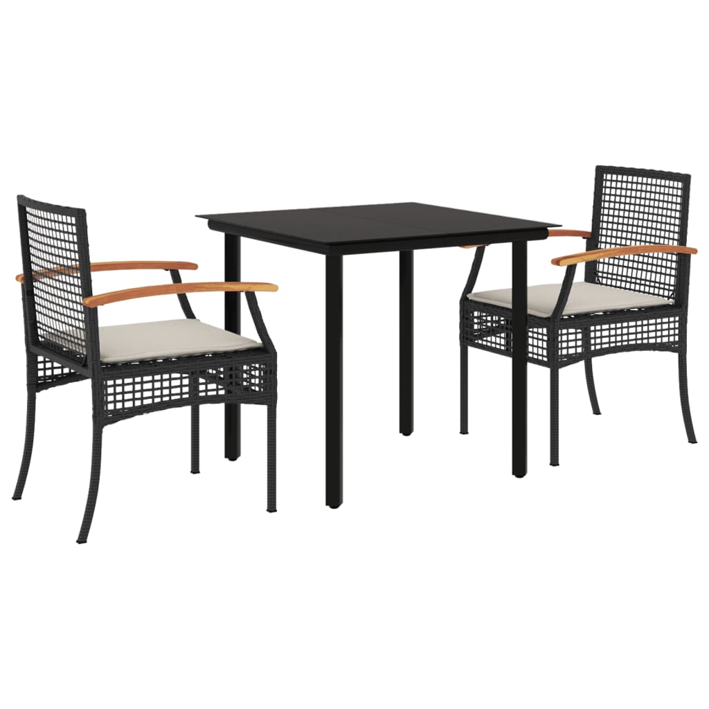 3-tlg. Garten-Essgruppe mit Kissen Schwarz Poly Rattan