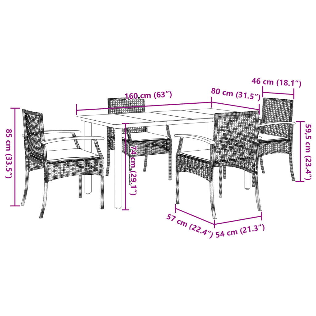 5-tlg. Garten-Essgruppe mit Kissen Schwarz Poly Rattan