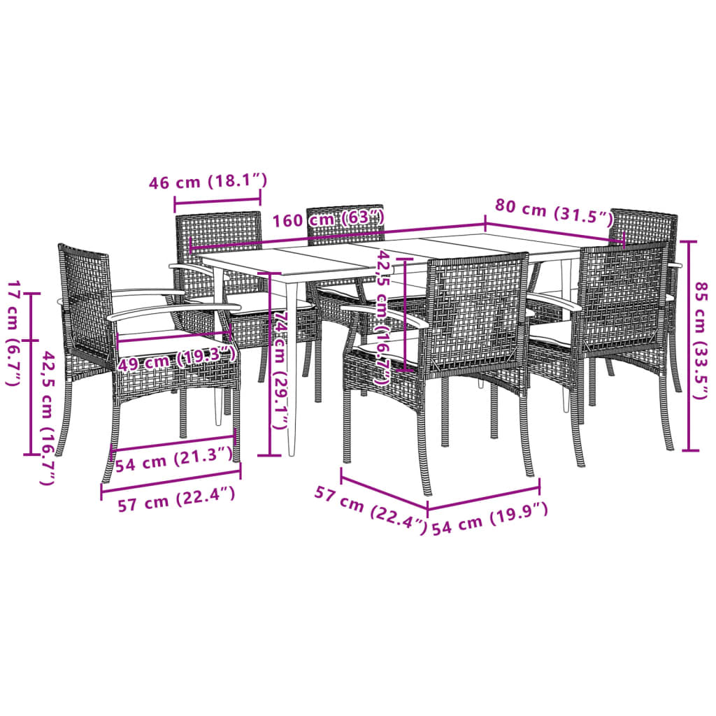 7-tlg. Garten-Essgruppe mit Kissen Grau Poly Rattan