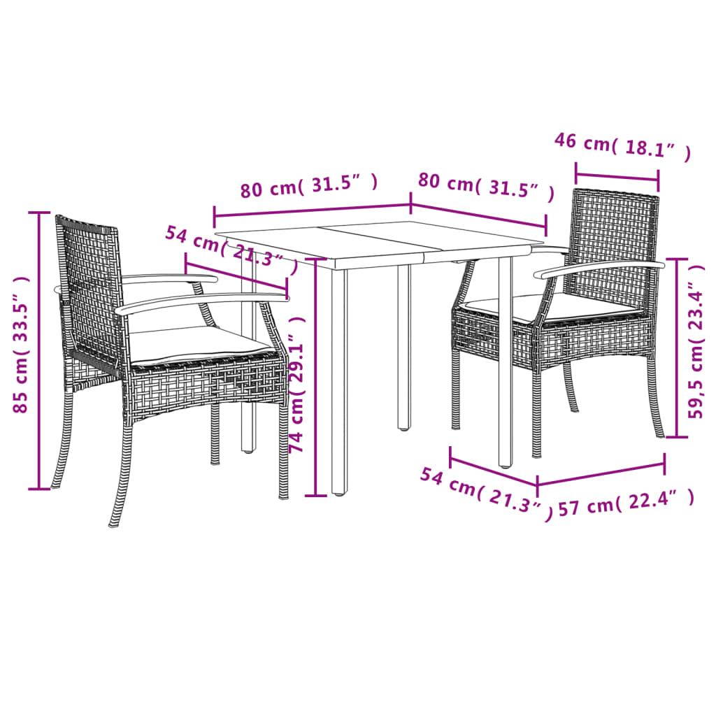 3-tlg. Garten-Essgruppe mit Kissen Grau Poly Rattan