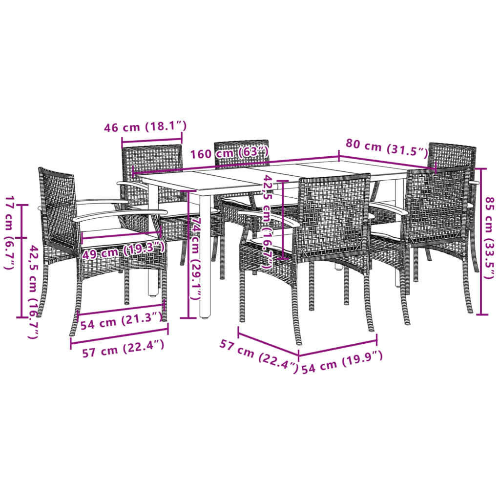 7-tlg. Garten-Essgruppe mit Kissen Grau Poly Rattan