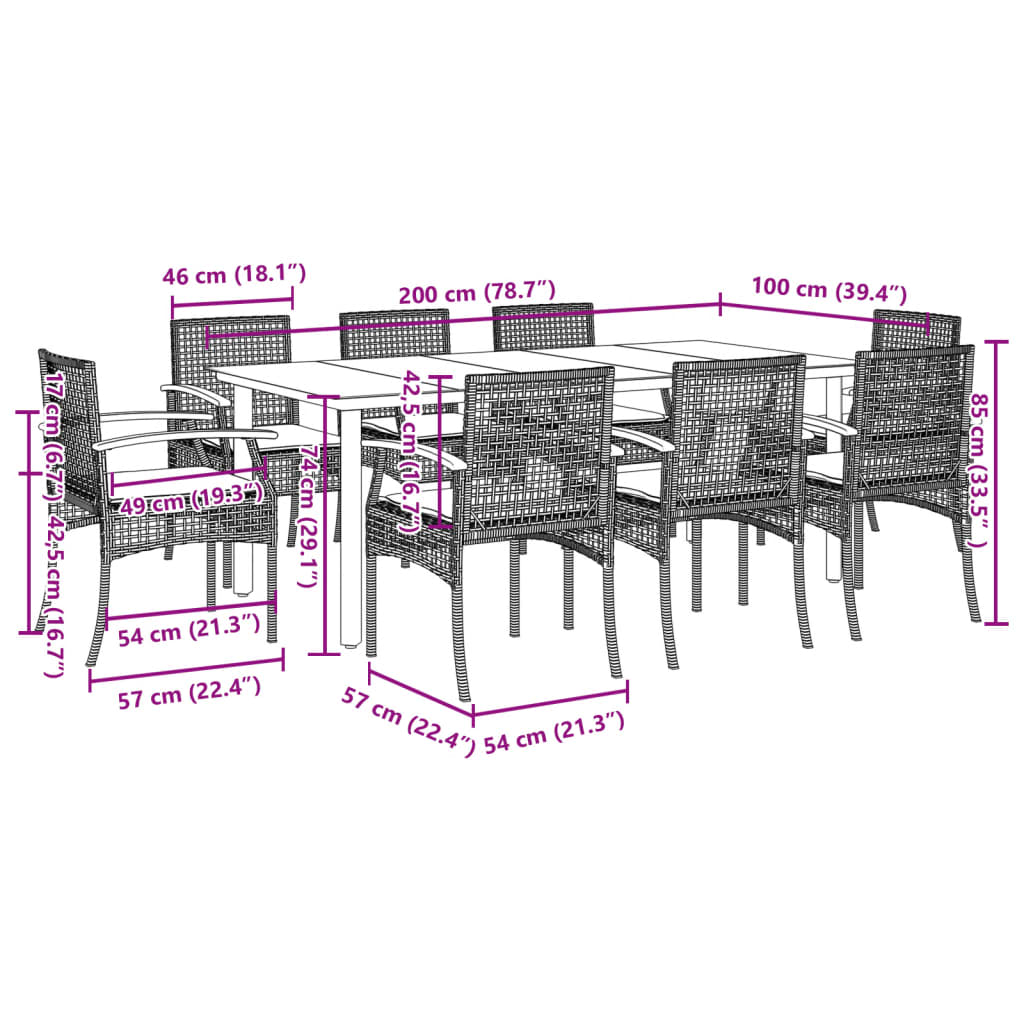 9-tlg. Garten-Essgruppe mit Kissen Grau Poly Rattan