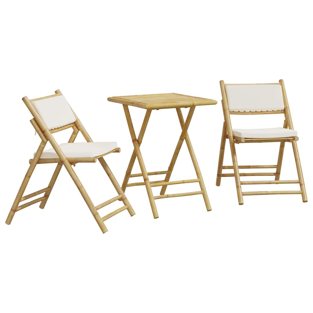 3-tlg. Bistro-Set Klappbar mit Cremeweißen Kissen Bambus