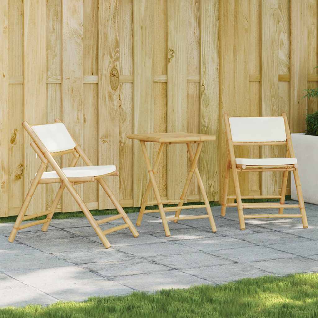 3-tlg. Bistro-Set Klappbar mit Cremeweißen Kissen Bambus