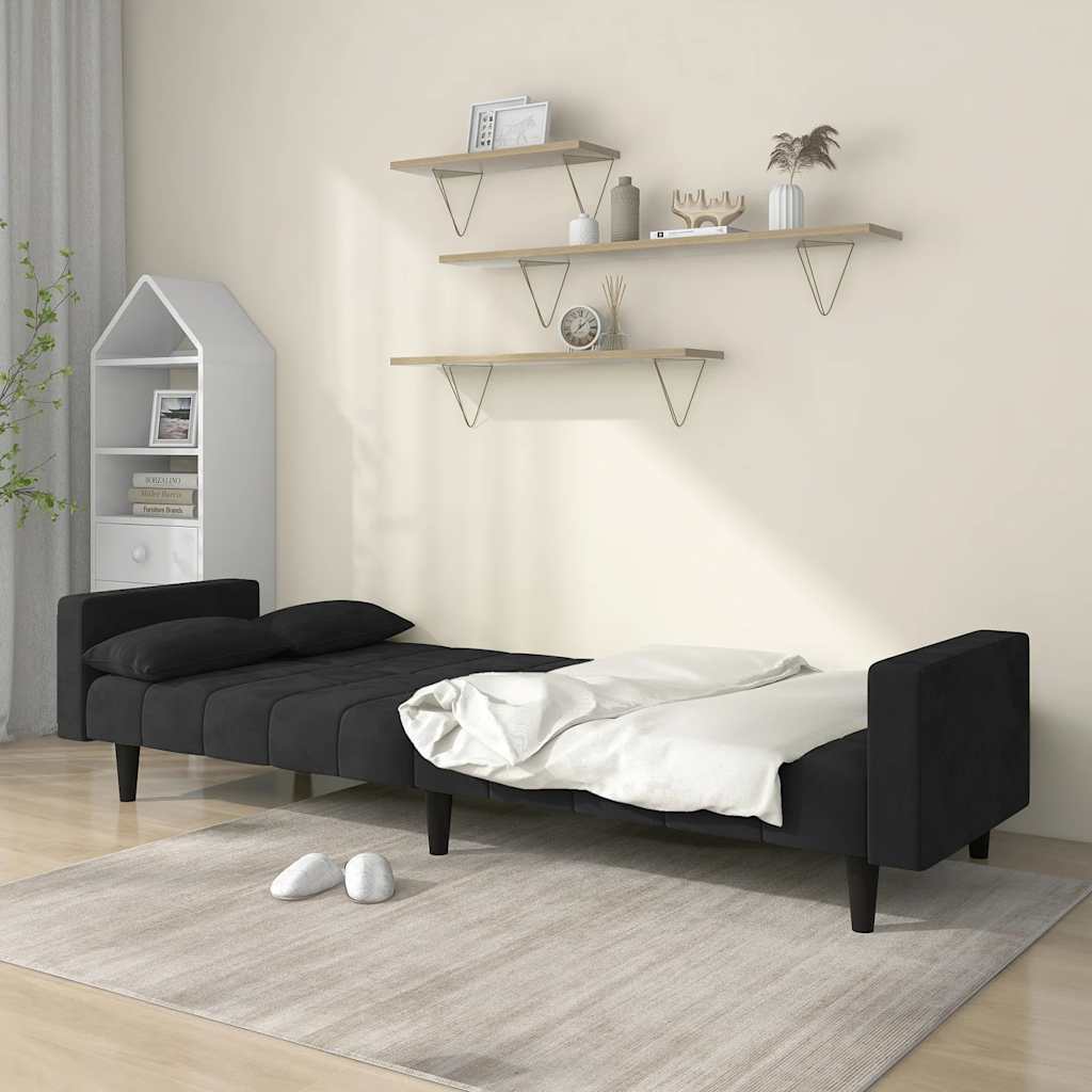 Schlafsofa 2-Sitzer mit 2 Kissen Schwarz Samt