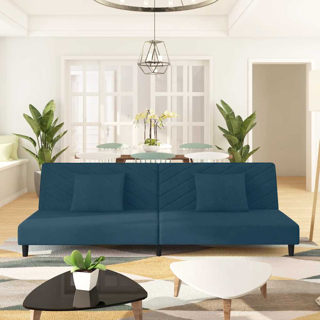 Schlafsofa 2-Sitzer mit 2 Kissen Blau Samt