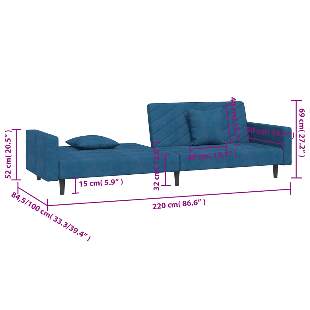 Schlafsofa 2-Sitzer mit 2 Kissen Blau Samt