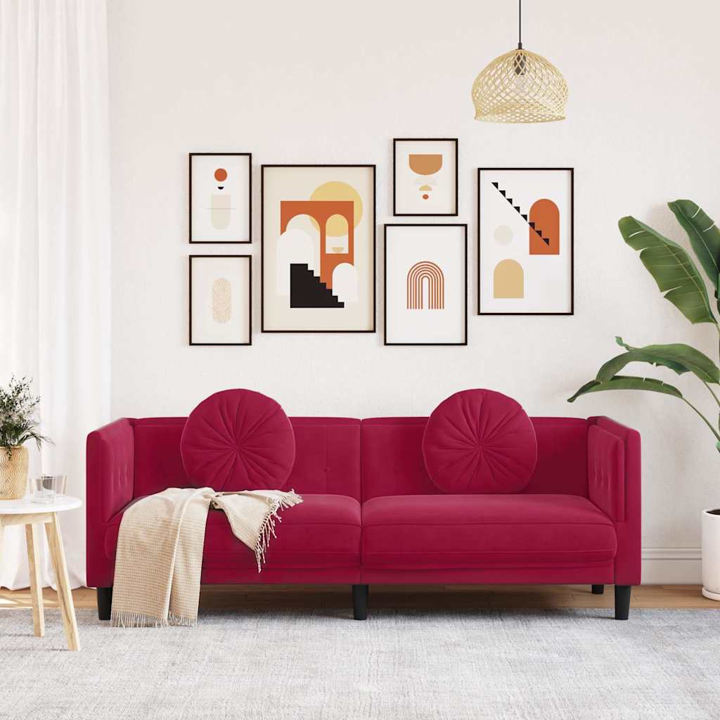 Sofa mit Kissen 3-Sitzer Weinrot Samt