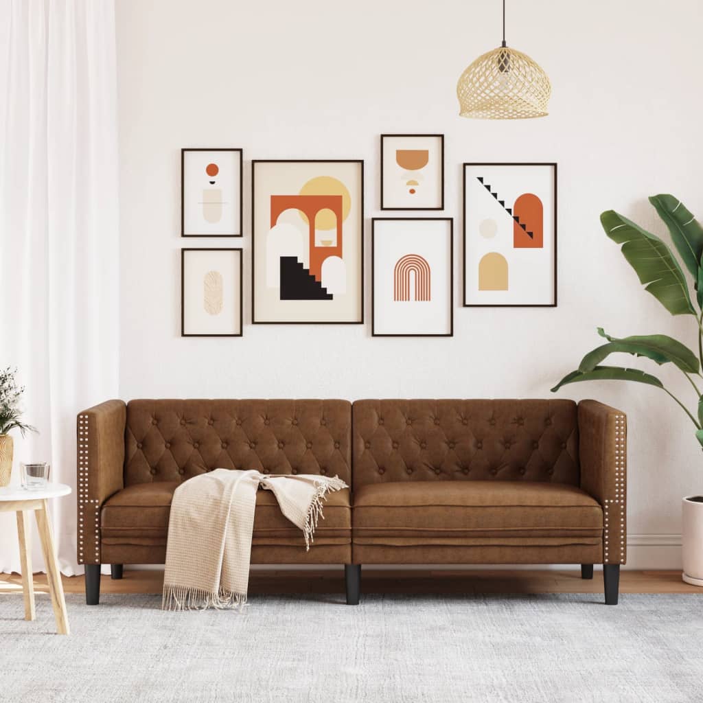 Chesterfield-Sofa 3-Sitzer Braun Kunstleder in Wildleder-Optik