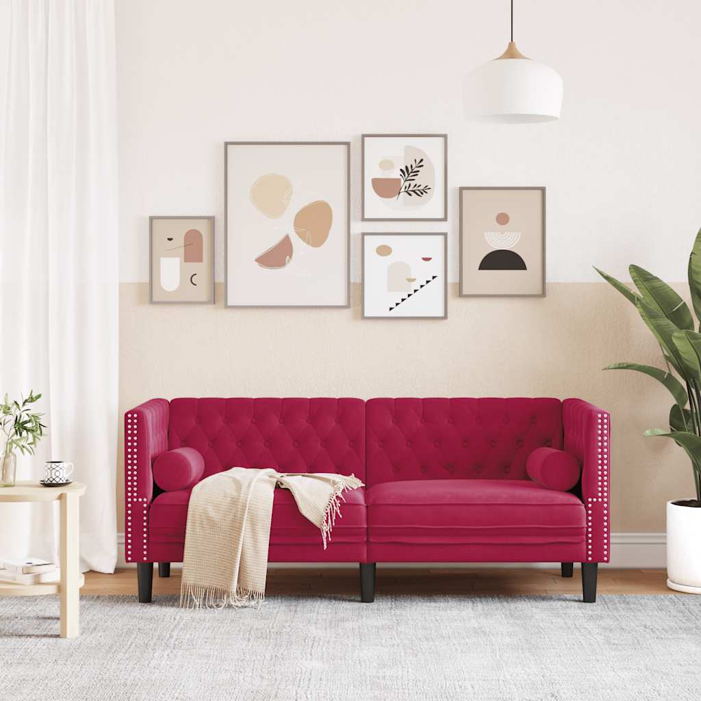 Chesterfield-Sofa mit Nackenrollen 2-Sitzer Weinrot Samt