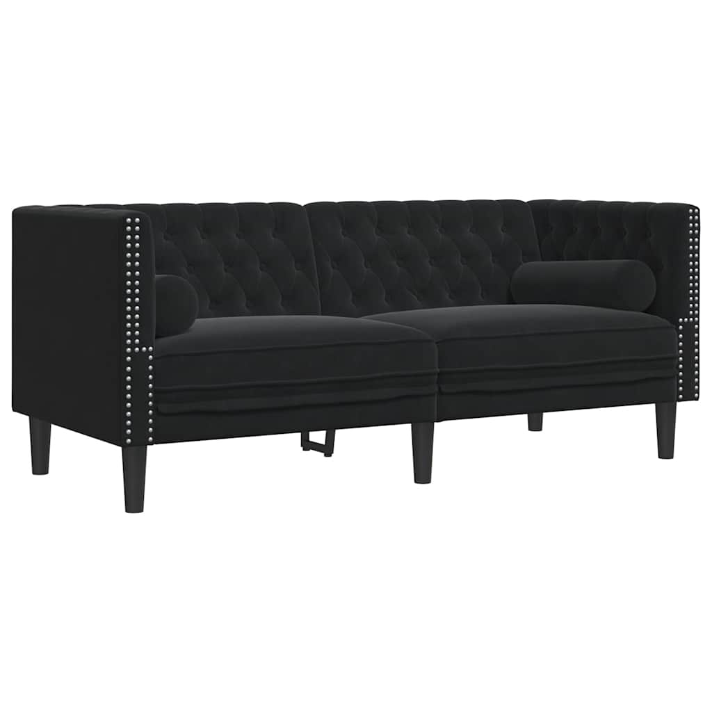 Chesterfield-Sofa mit Nackenrollen 2-Sitzer Schwarz Samt