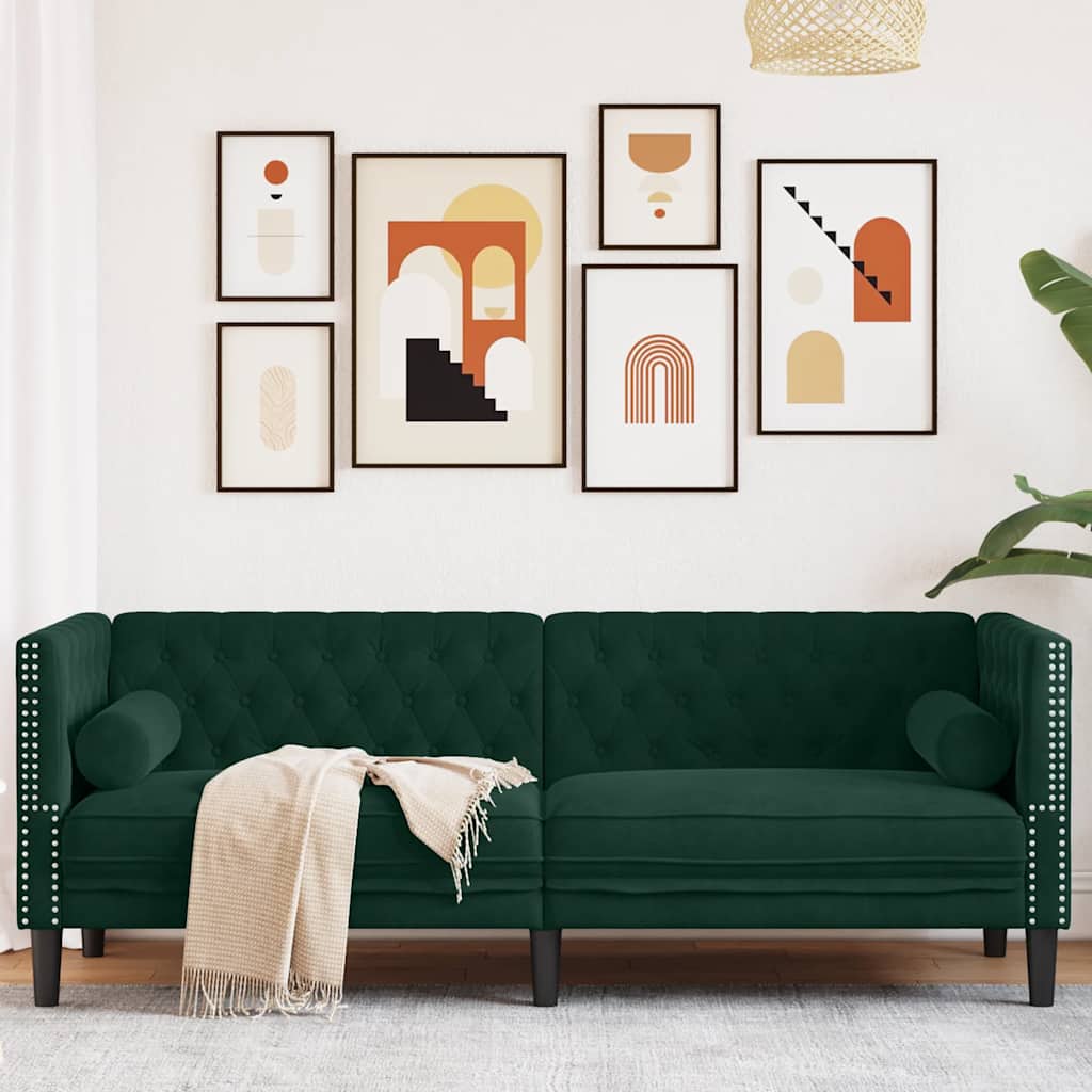 Chesterfield-Sofa mit Nackenrollen 3-Sitzer Dunkelgrün Samt