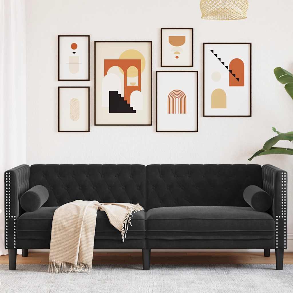 Chesterfield-Sofa mit Nackenrollen 3-Sitzer Schwarz Samt