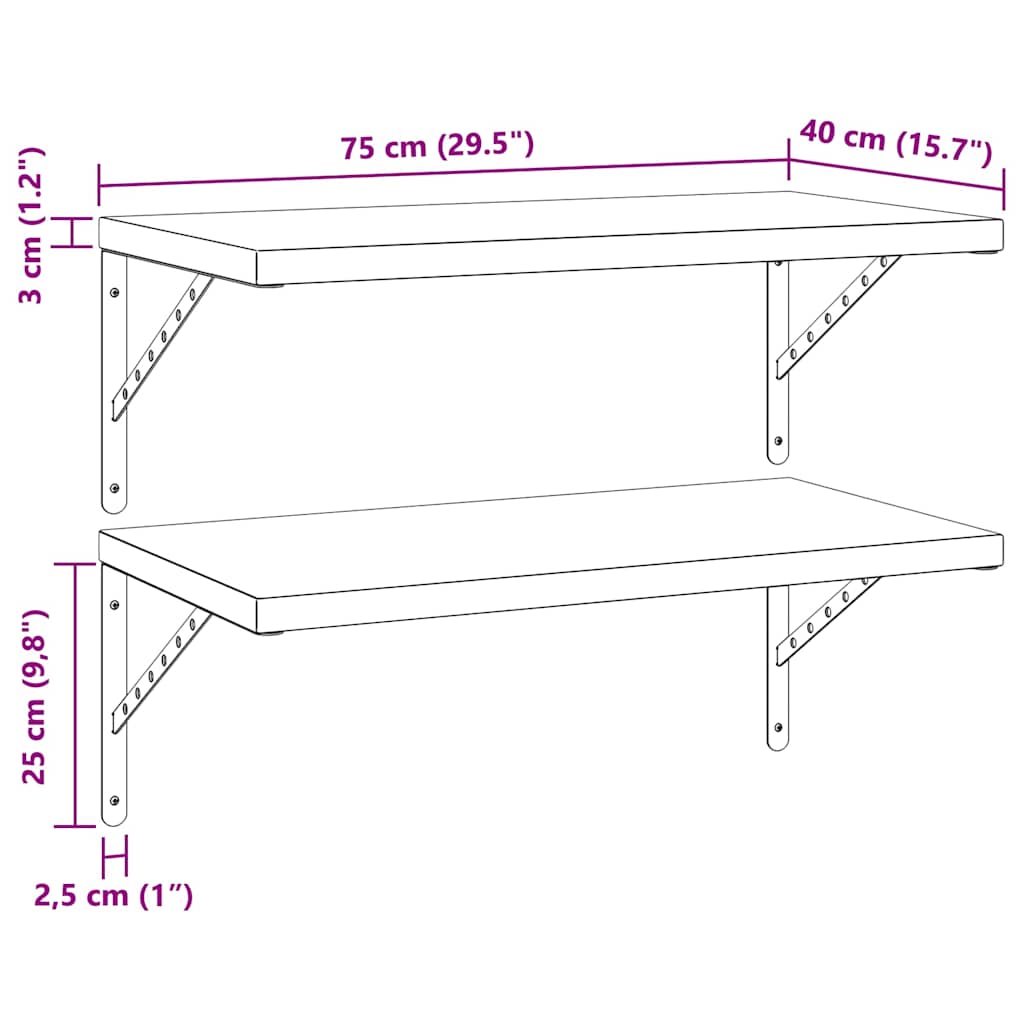 Wandregale 2 Stk. 75x40 cm Schwarz Edelstahl