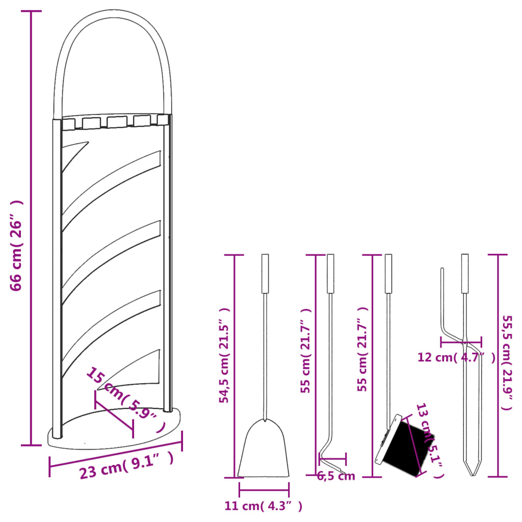 5-teiliges Kaminbesteck-Set 23 x 15 x 66 cm Stahl