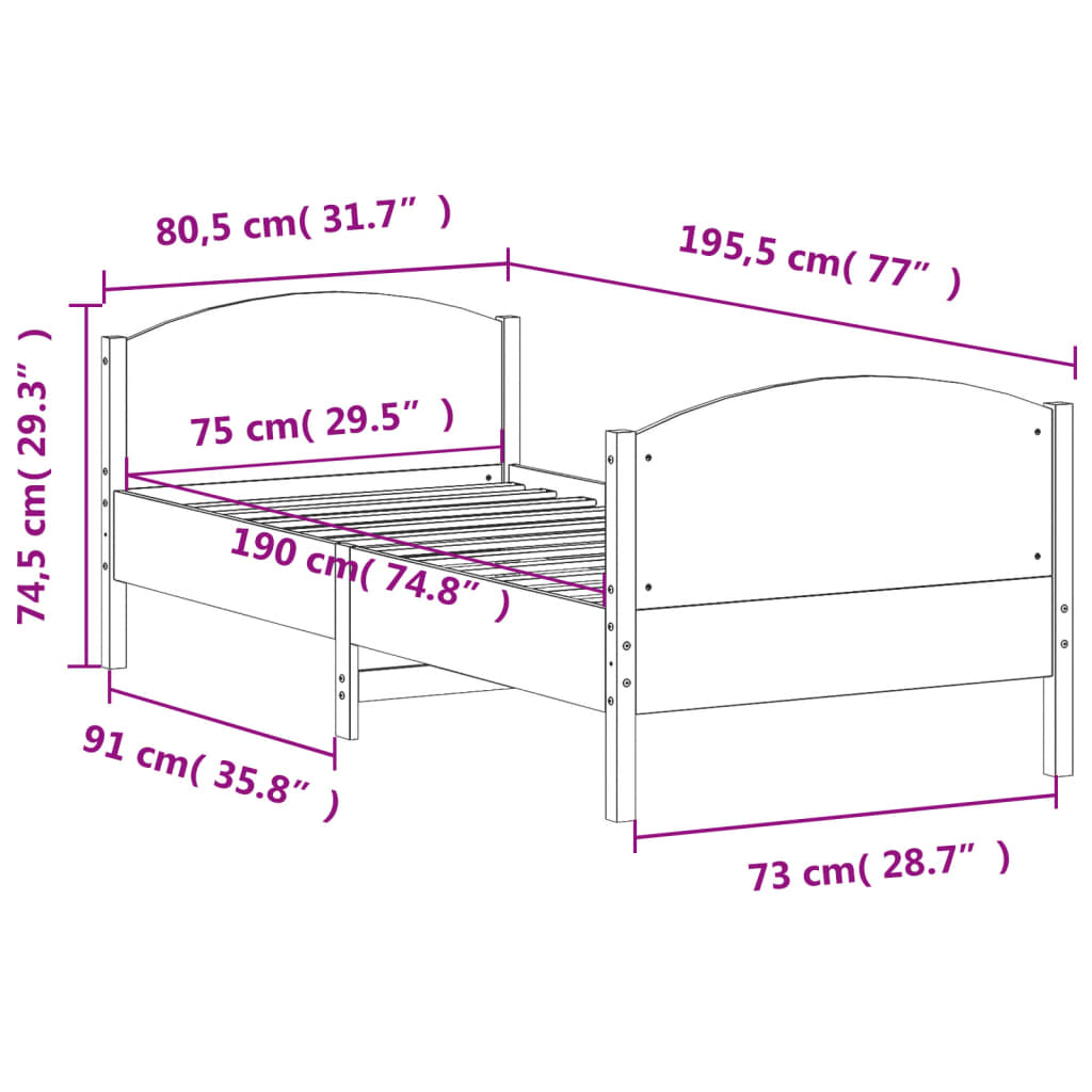 Massivholzbett ohne Matratze Weiß 75x190 cm Kiefernholz