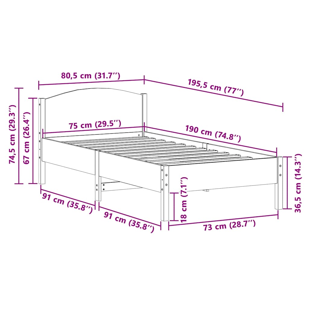 Massivholzbett ohne Matratze Weiß 75x190 cm Kiefernholz