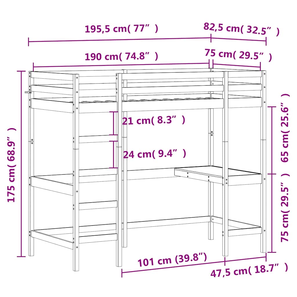 Hochbett mit Schreibtisch 75x190 cm Massivholz Kiefer