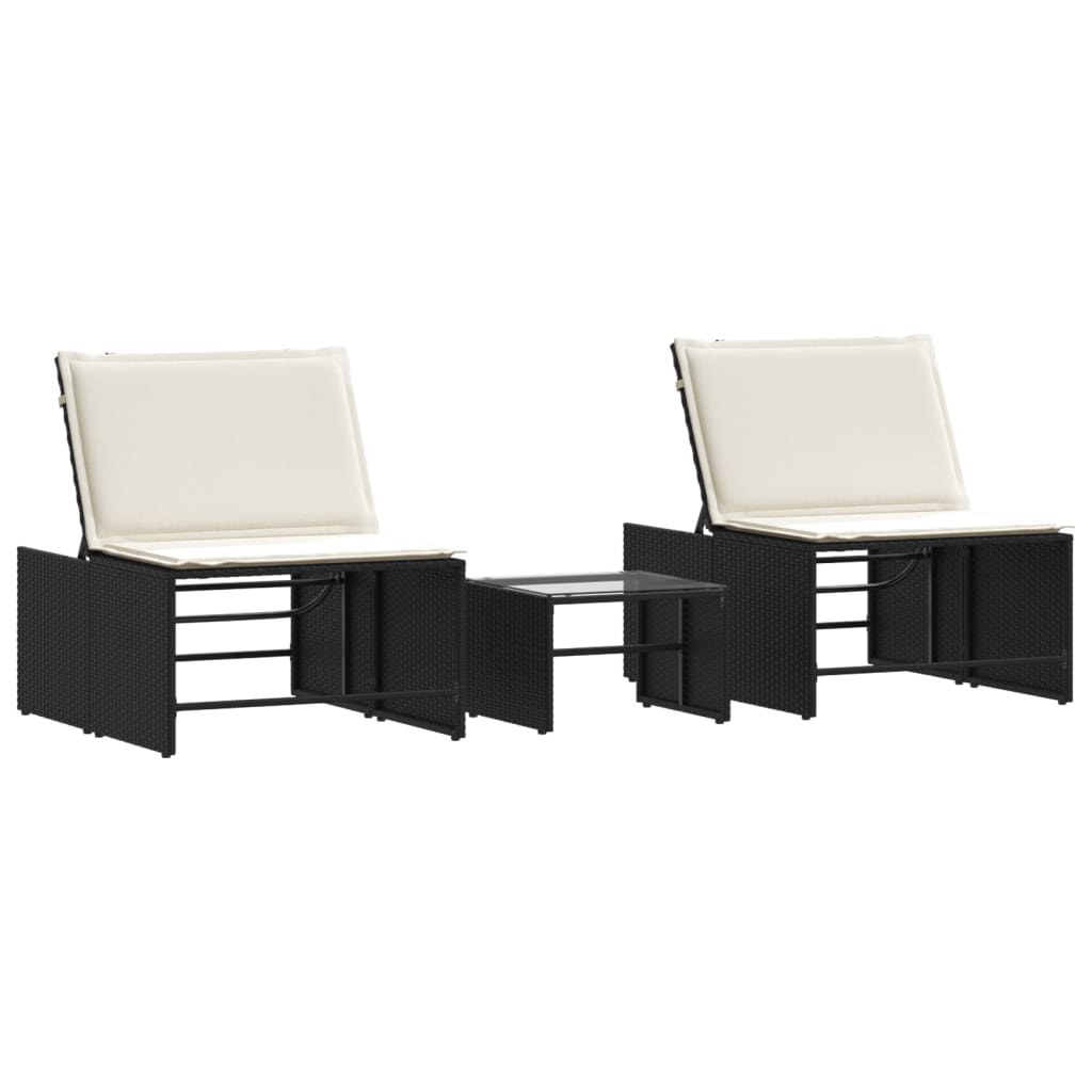 Modulare Sonnenliegen 2 Stk. mit Tisch Schwarz Poly Rattan