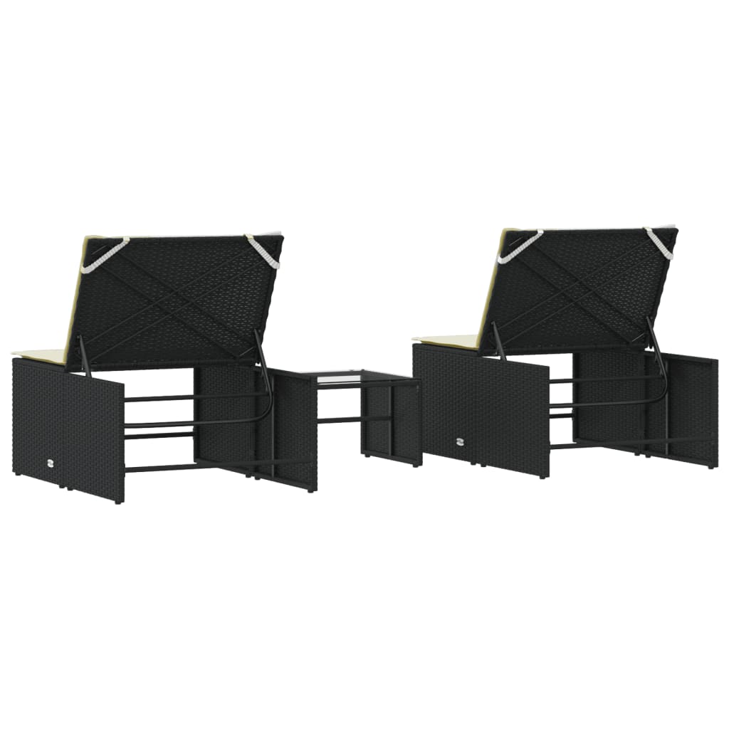 Modulare Sonnenliegen 2 Stk. mit Tisch Schwarz Poly Rattan