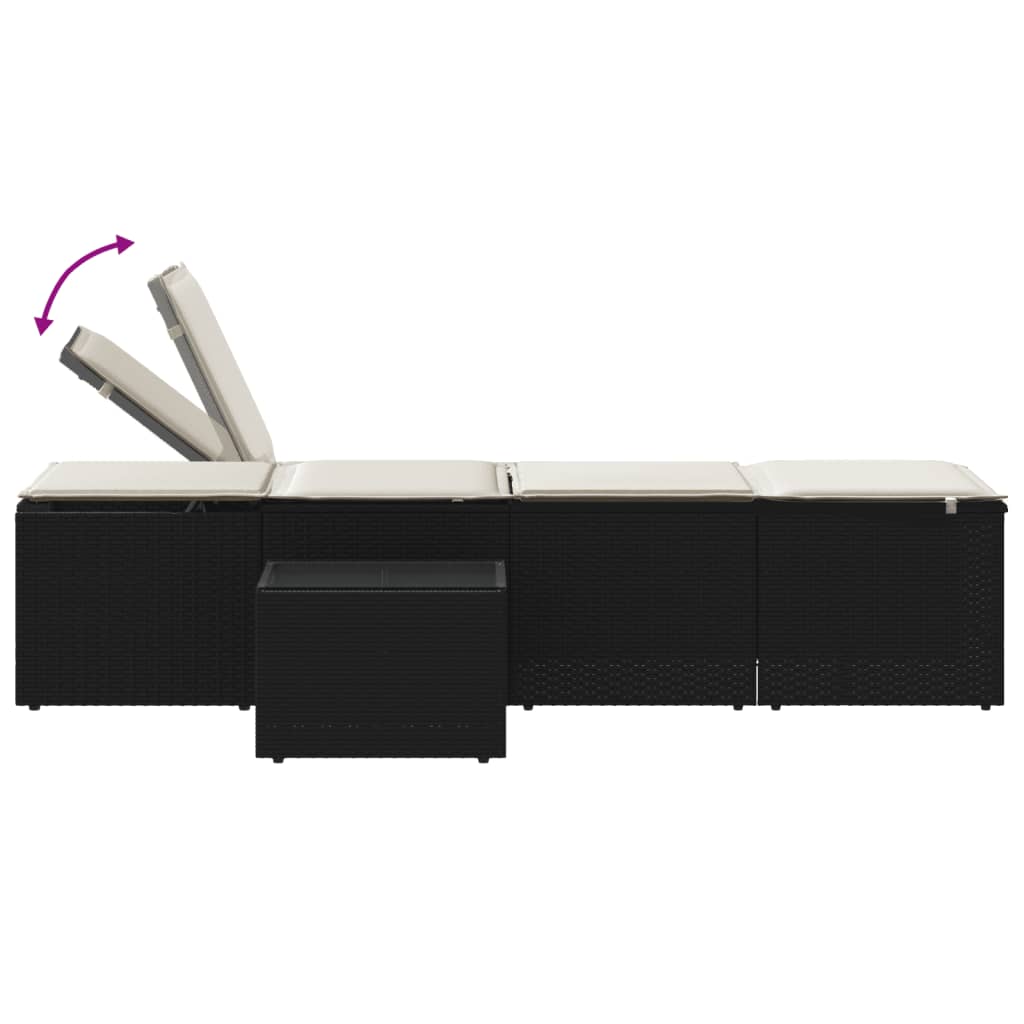 Modulare Sonnenliegen 2 Stk. mit Tisch Schwarz Poly Rattan