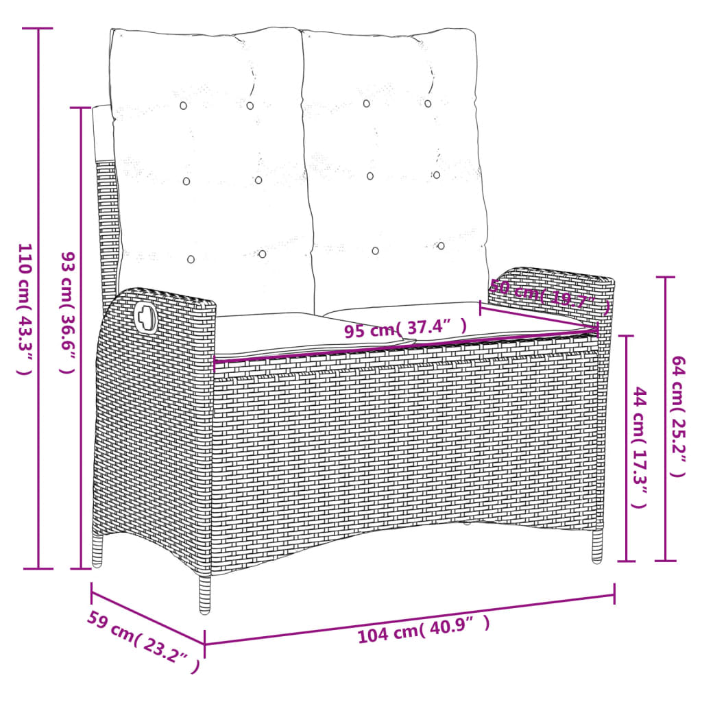 Gartenbank Verstellbar mit Kissen Braun Poly Rattan