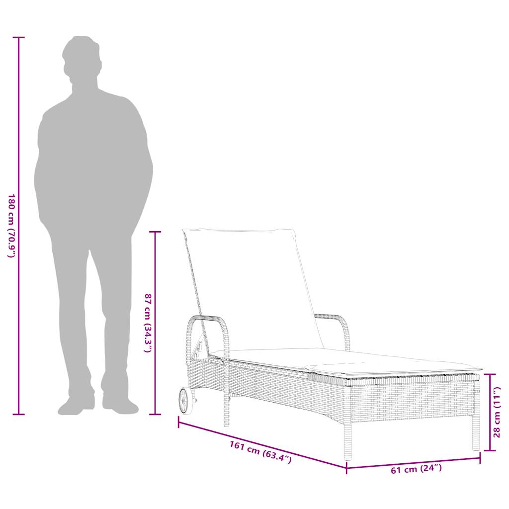 Sonnenliege mit Rollen und Kissen Braun Poly Rattan