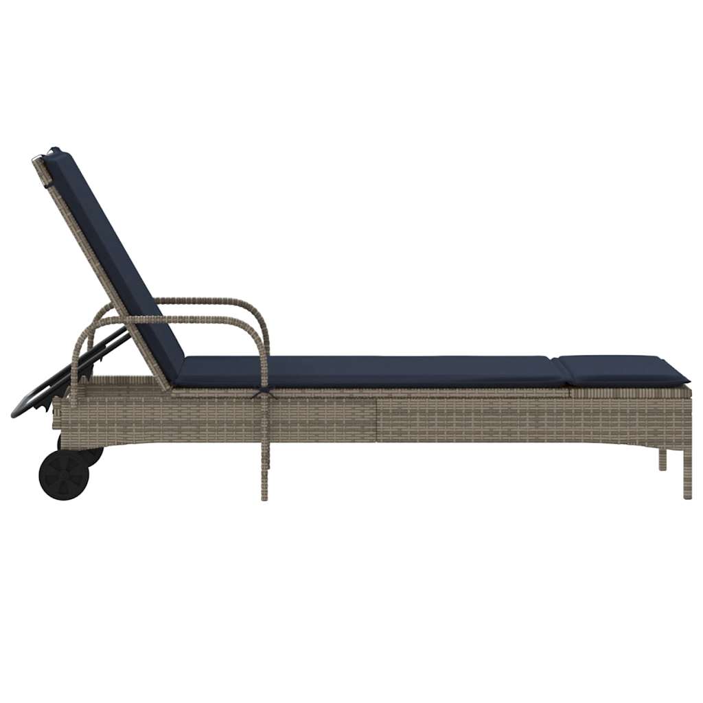 Sonnenliege mit Rollen und Kissen Grau Poly Rattan
