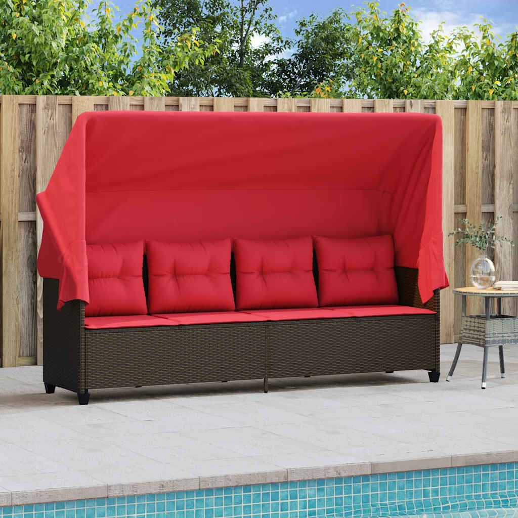 Sonnenliege mit Dach und Kissen Braun Poly Rattan
