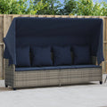 Sonnenliege mit Dach und Kissen Grau Poly Rattan