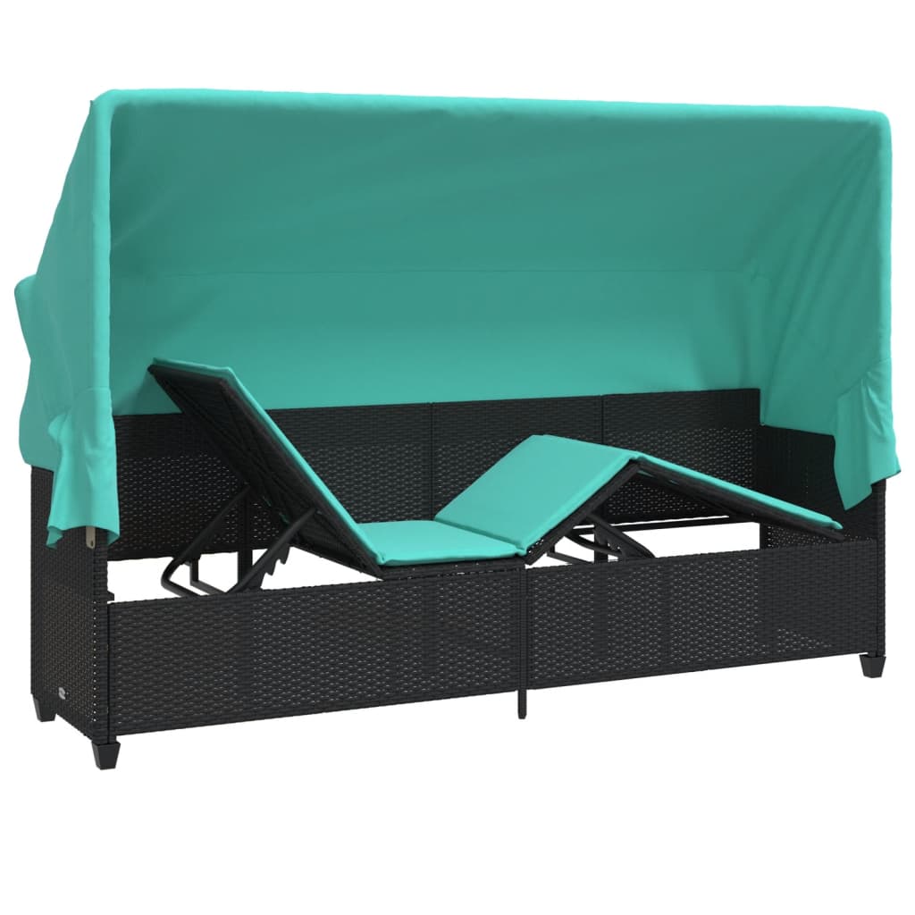 Sonnenliege mit Dach und Kissen Schwarz Poly Rattan