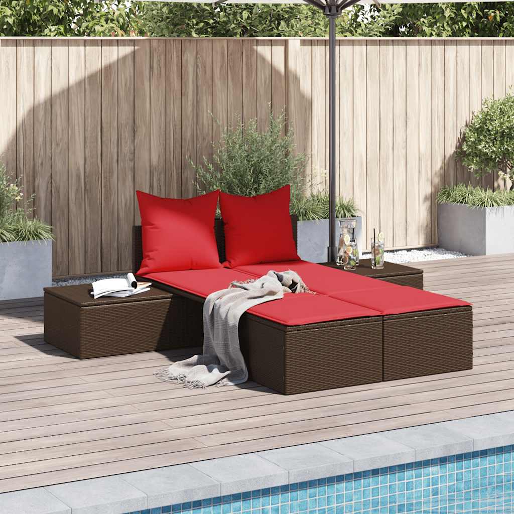 Doppelte Sonnenliege mit Kissen Braun Poly Rattan