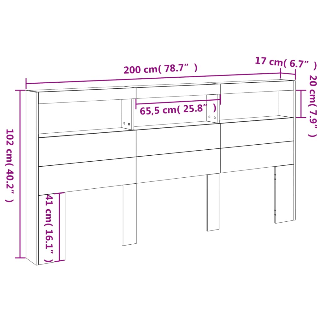 LED-Kopfteil mit Ablagen Räuchereiche 200x17x102 cm