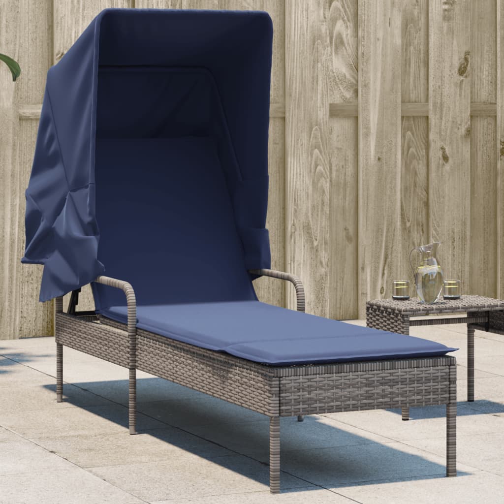 Sonnenliege mit Sonnendach Grau Poly Rattan