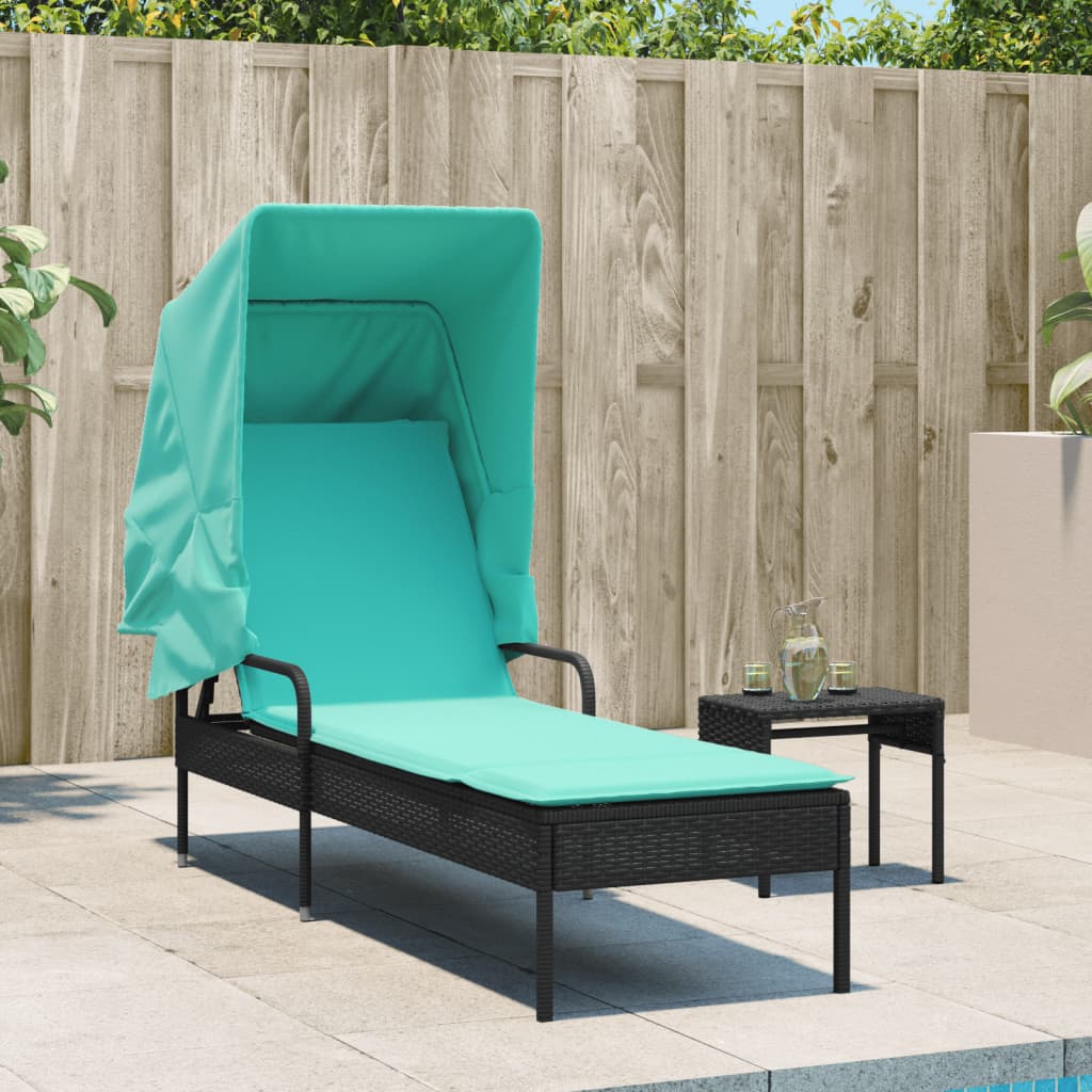 Sonnenliege mit Sonnendach Schwarz Poly Rattan