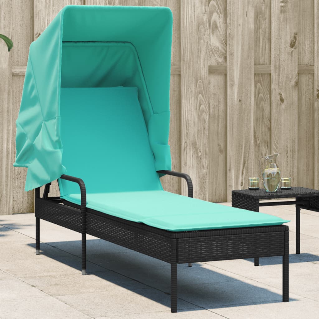 Sonnenliege mit Sonnendach Schwarz Poly Rattan