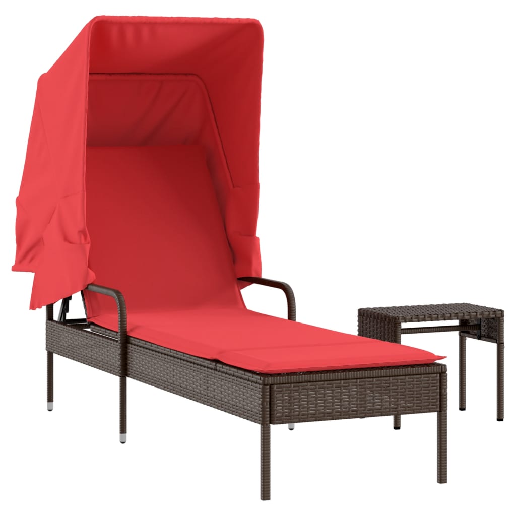 Sonnenliege mit Sonnendach und Tisch Braun Poly Rattan