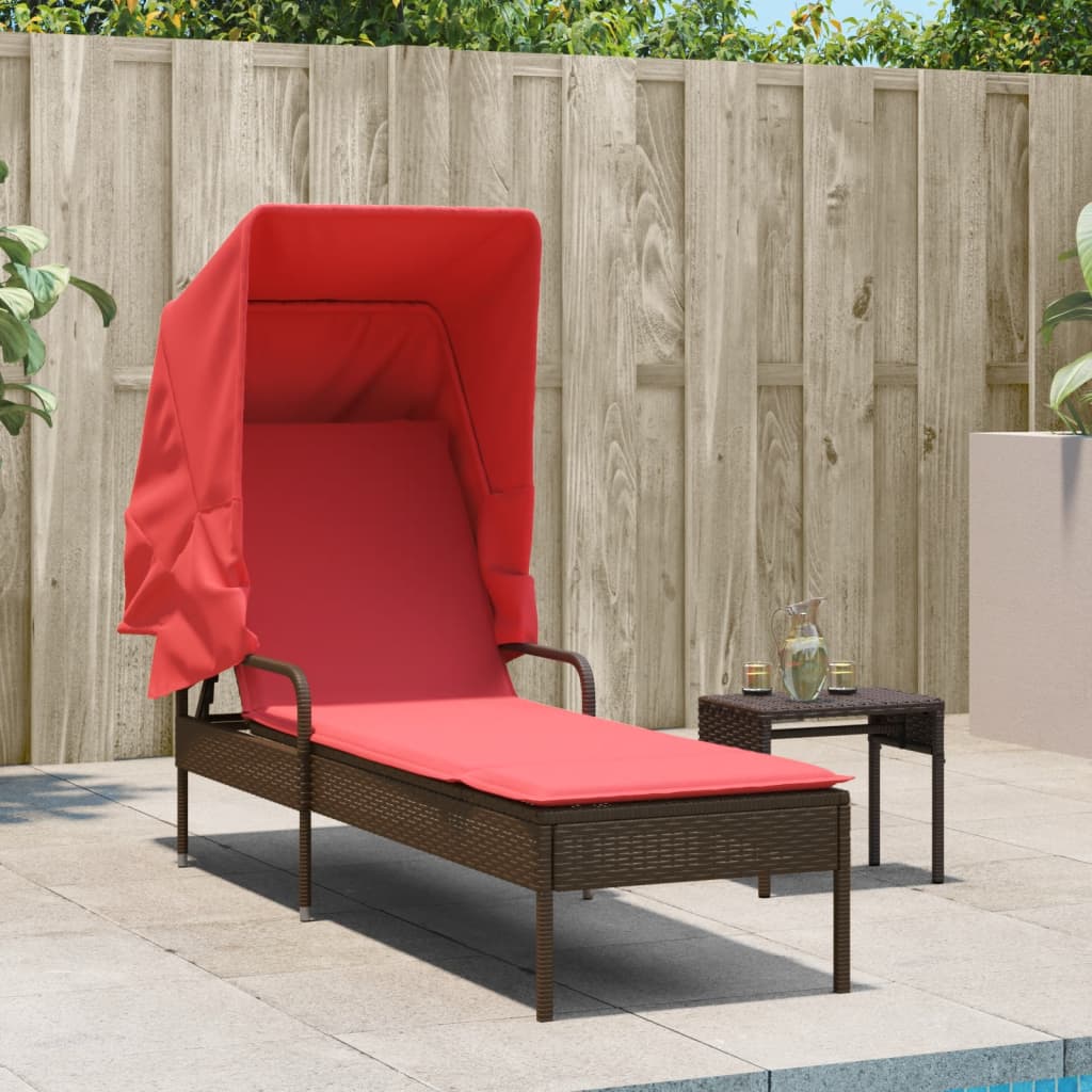 Sonnenliege mit Sonnendach und Tisch Braun Poly Rattan