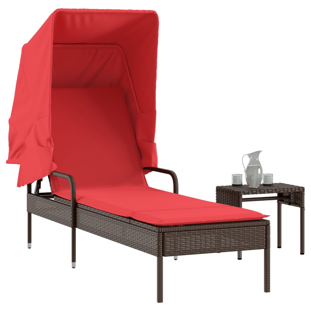 Sonnenliege mit Sonnendach und Tisch Braun Poly Rattan