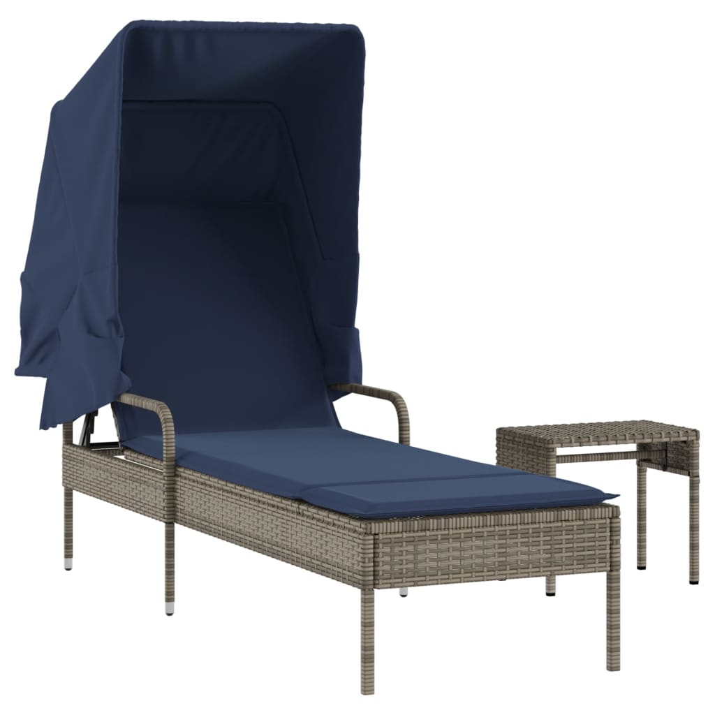 Sonnenliege mit Sonnendach und Tisch Grau Poly Rattan