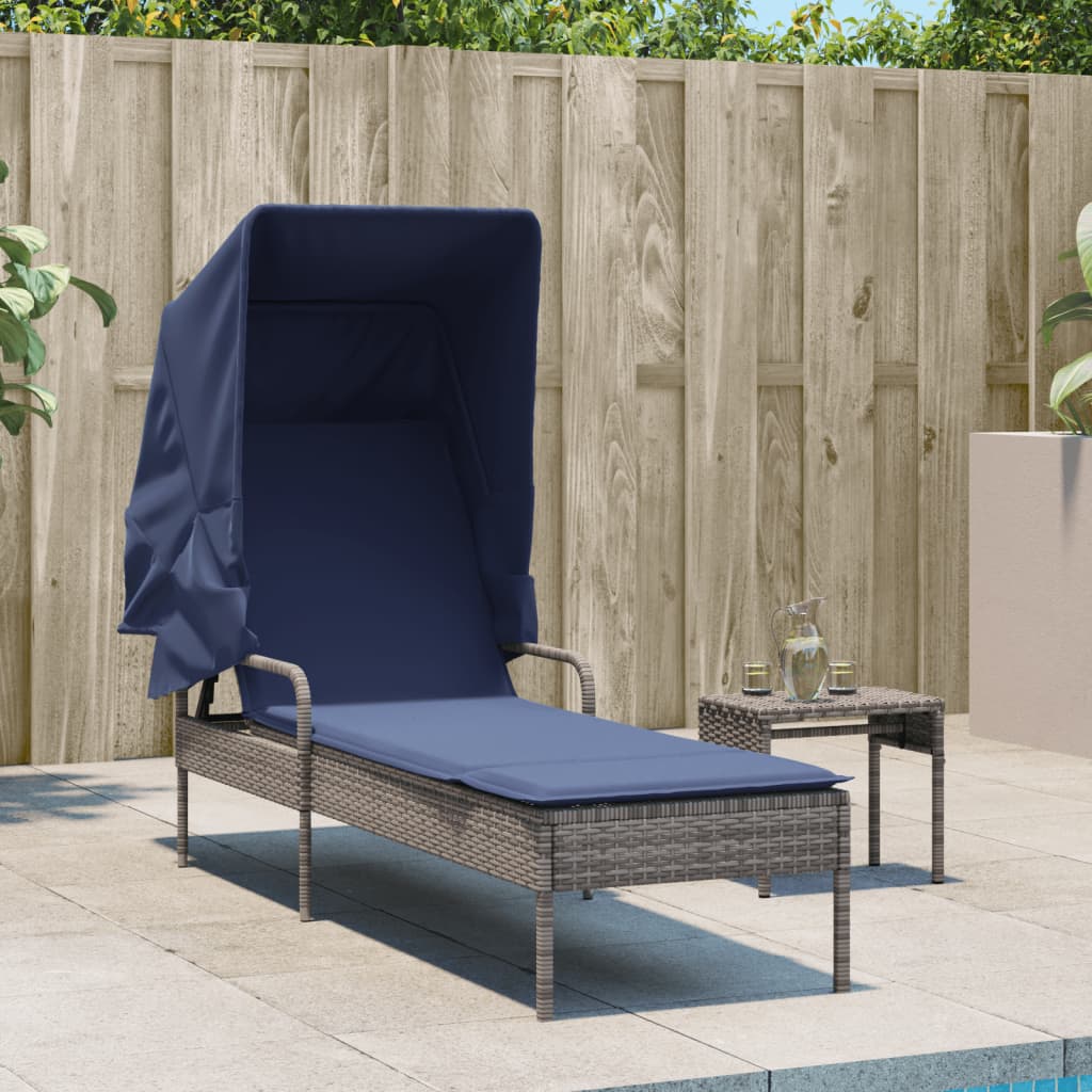 Sonnenliege mit Sonnendach und Tisch Grau Poly Rattan