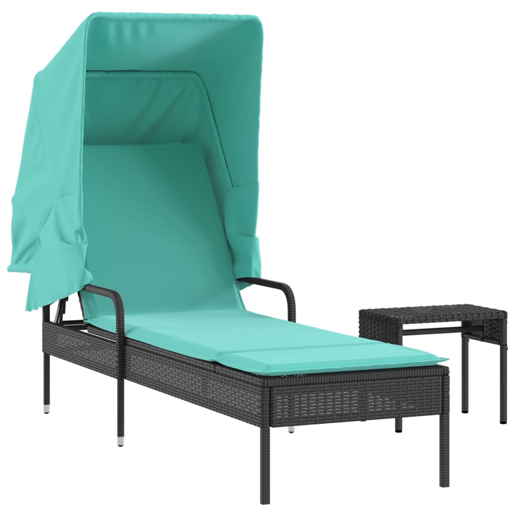 Sonnenliege mit Sonnendach und Tisch Schwarz Poly Rattan