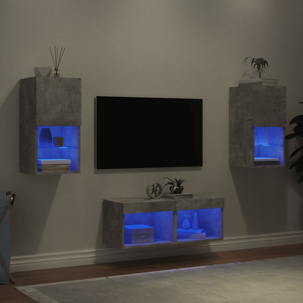 4-tlg. TV-Wohnwand mit LED-Leuchten Betongrau