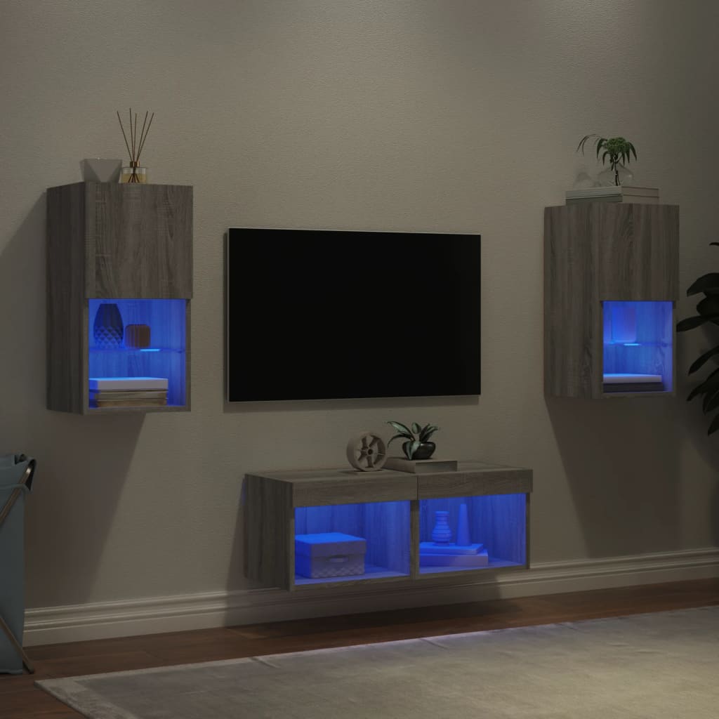 4-tlg. TV-Wohnwand mit LED-Leuchten Grau Sonoma